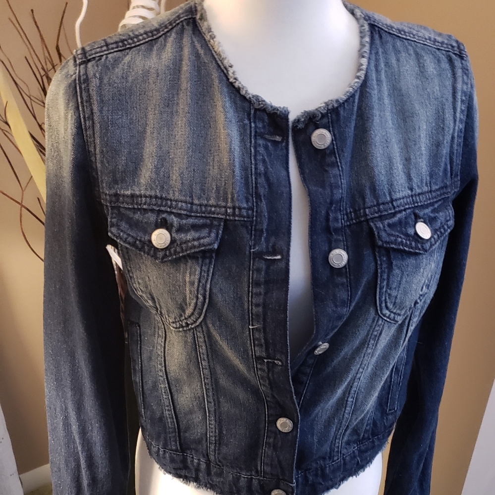 Distressed Colarless Denim Jacket